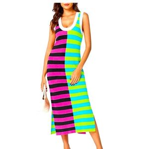 Colorblock Striped Tank Dress - Pink, Black, Lime & Teal- size small- worn once